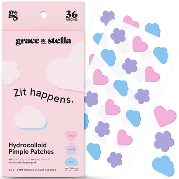 A package of grace & stella Hydrocolloid Pimple Patches with "zit happens" slogan, featuring heart-shaped patches in pink and blue colors and enhanced with acne-fighting technology.