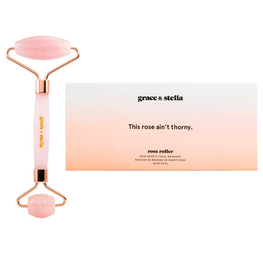 La Vie En Rose set facial roller with fresh Grace & Stella product packaging.
