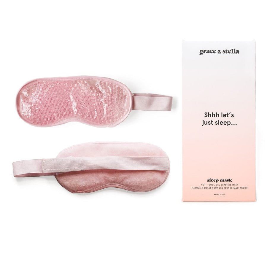 Two blooming pink sleep masks from the La Vie En Rose set with packaging featuring the text "grace & stella" and "shhh let's just sleep... sleep mask.