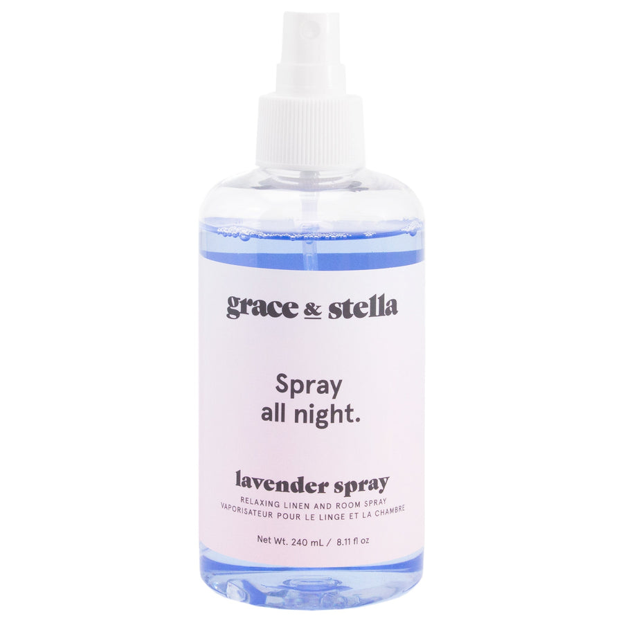 A bottle of grace & stella Lavender Nights spray with the slogan "spray all night," perfect for relaxation and aromatherapy.