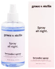 A bottle of grace & stella Lavender Linen and Room Spray with its packaging, advertised as a relaxing aromatherapy linen and room spray.