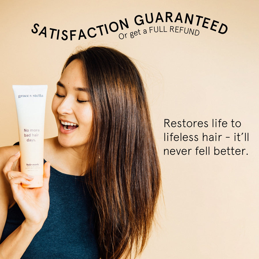 A smiling woman holding the Grace & Stella Rescue My Hair Mask with promotional text promising satisfaction and revitalized hair.