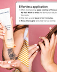 A person holding a tube of "grace & stella" rescue my hair mask with nourishing ingredients and application instructions on the right side of the image.