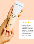 A hand holding a grace & stella rescue my hair mask tube with customer testimonial and a five-star rating.
