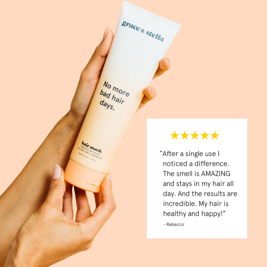 A hand holding a grace & stella rescue my hair mask tube with customer testimonial and a five-star rating.