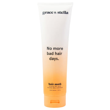 A tube of grace & stella Rescue My Hair Mask with nourishing ingredients and the slogan "no more bad hair days".