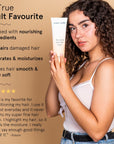 Woman showcasing the Grace & Stella Rescue My Hair Mask with a description of its benefits and a personal testimonial.