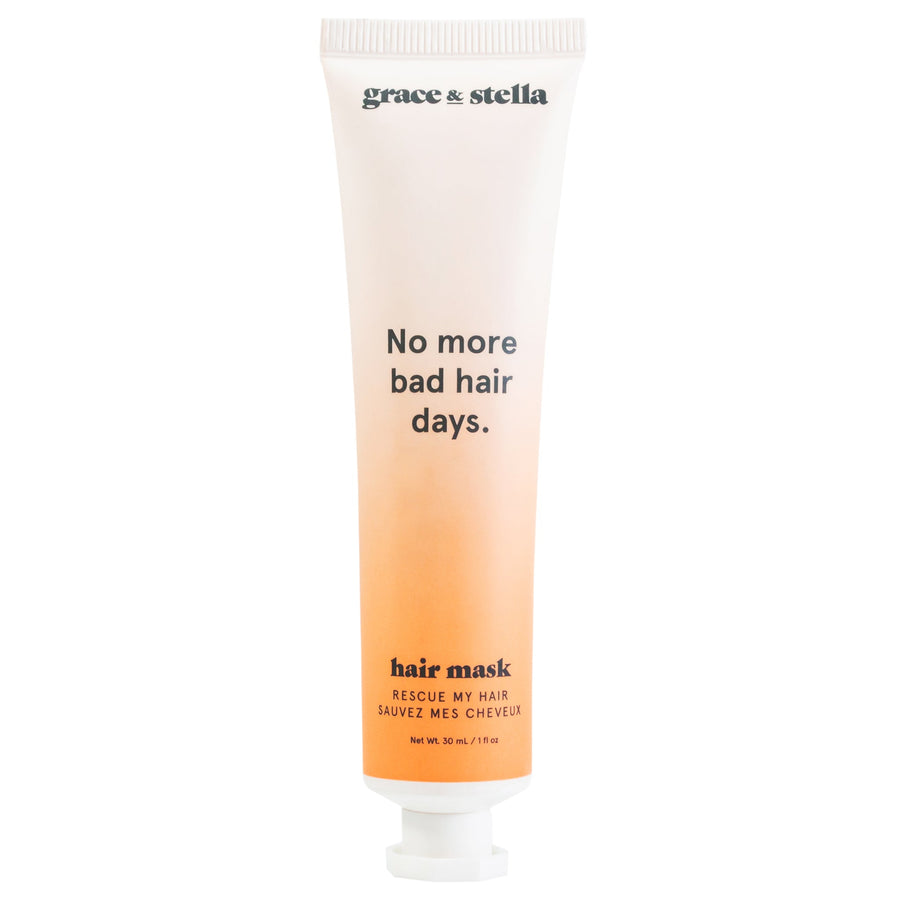 Tube of grace & stella rescue my hair mask with the slogan "no more bad hair days," enriched with nourishing ingredients.