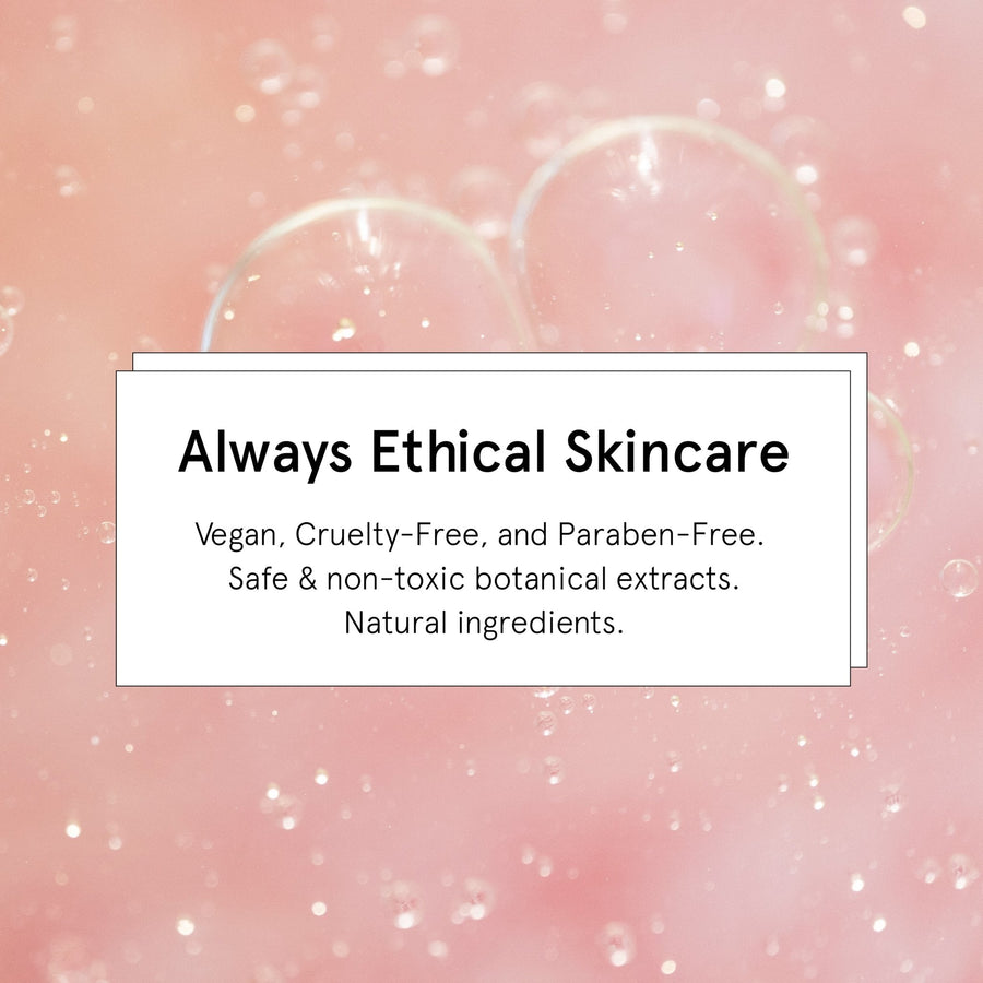 Advertisement for grace & stella's ethical skincare products highlighting vegan, cruelty-free, anti-inflammatory, and paraben-free attributes with a background of pink bubbles.