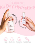 Two hands holding different sizes of grace & stella rose spray bottles, one labeled as suitable for all-day hydration and the other for on-the-go use, with product features listed: vegan.