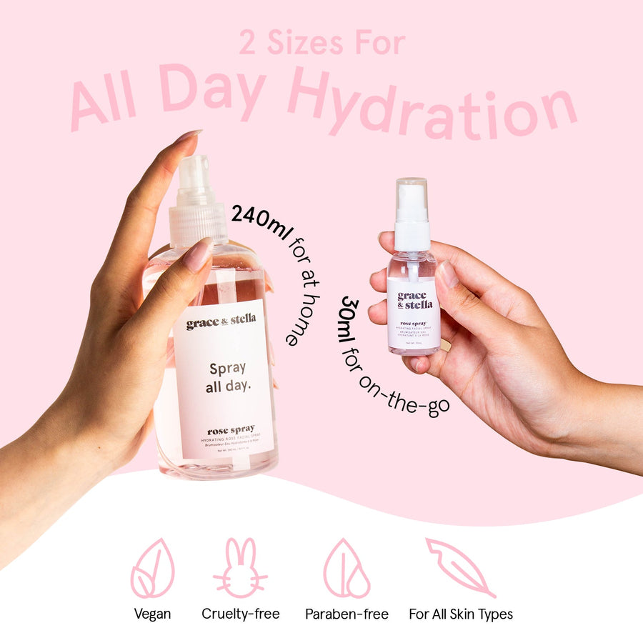 Two hands holding different sizes of grace & stella rose spray bottles, one labeled as suitable for all-day hydration and the other for on-the-go use, with product features listed: vegan.