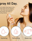 Woman enjoying a hydrating facial mist with icons emphasizing the rose spray's refreshing, balancing, and anti-inflammatory benefits by grace & stella.