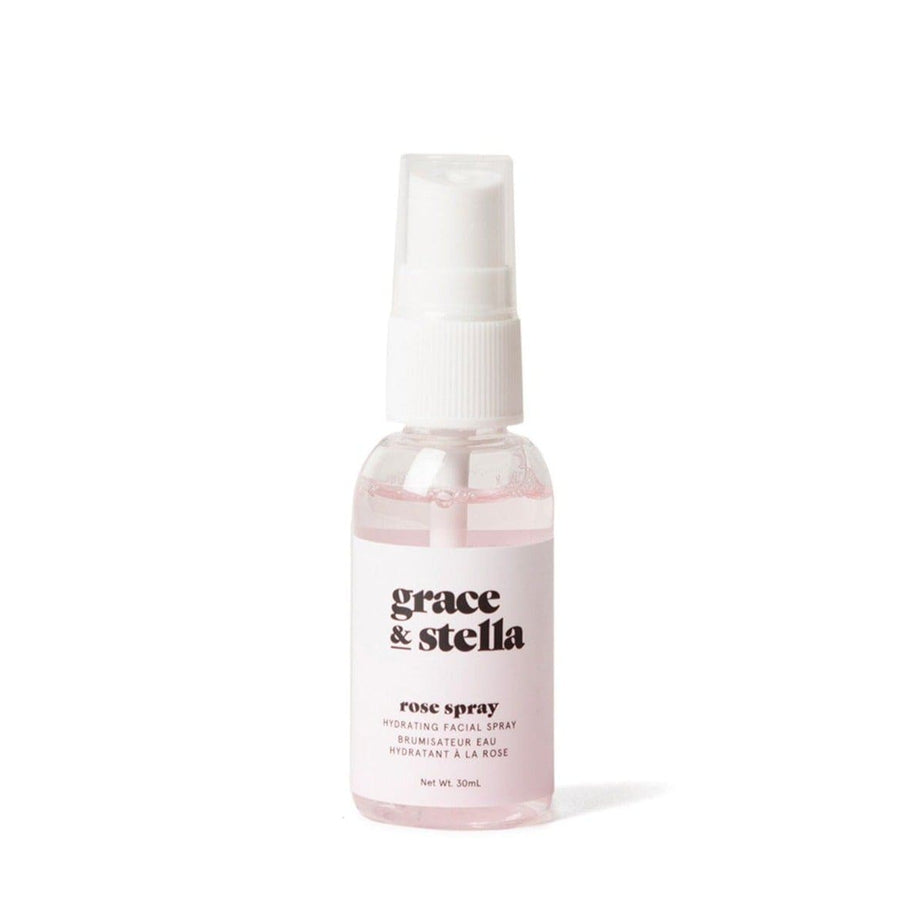 A bottle of grace & stella Rose Spray hydrating facial mist, formulated to keep skin fresh with anti-inflammatory properties.