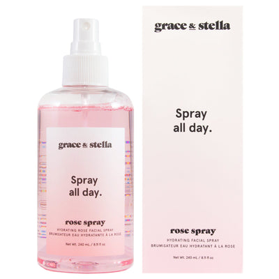 A bottle of grace & stella rose spray next to its packaging, labeled as an anti-inflammatory hydrating facial spray.