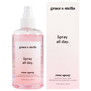 A bottle of grace & stella rose spray next to its packaging, labeled as an anti-inflammatory hydrating facial spray.