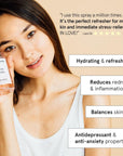 Woman displaying a grace & stella rose spray bottle with text highlighting the product's hydrating, skin-soothing, and anti-inflammatory benefits.