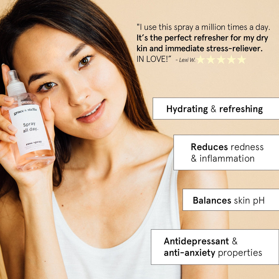 Woman displaying a grace & stella rose spray bottle with text highlighting the product's hydrating, skin-soothing, and anti-inflammatory benefits.