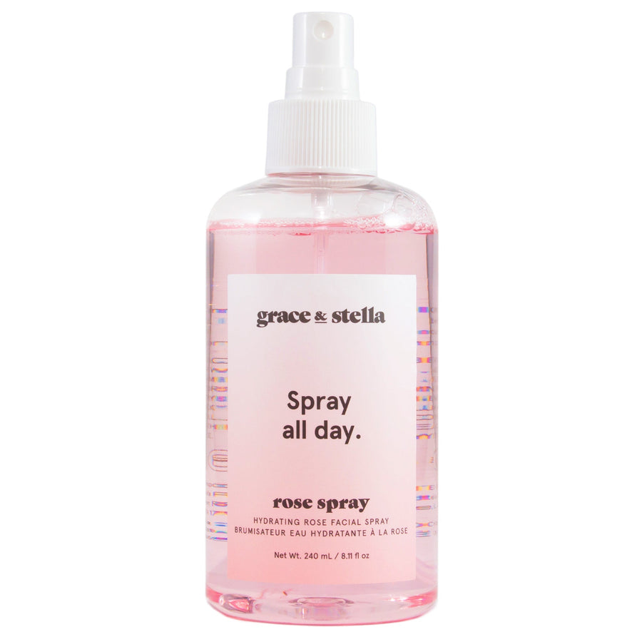 Bottle of grace & stella anti-inflammatory rose spray facial mist with pink liquid.