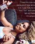 Woman lying down showcasing a Grace & Stella anti-inflammatory rose spray with a testimonial quote overlay.