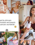 A collage showcasing various individuals endorsing an anti-inflammatory Grace & Stella rose spray, illustrating its popularity with beauty influencers.