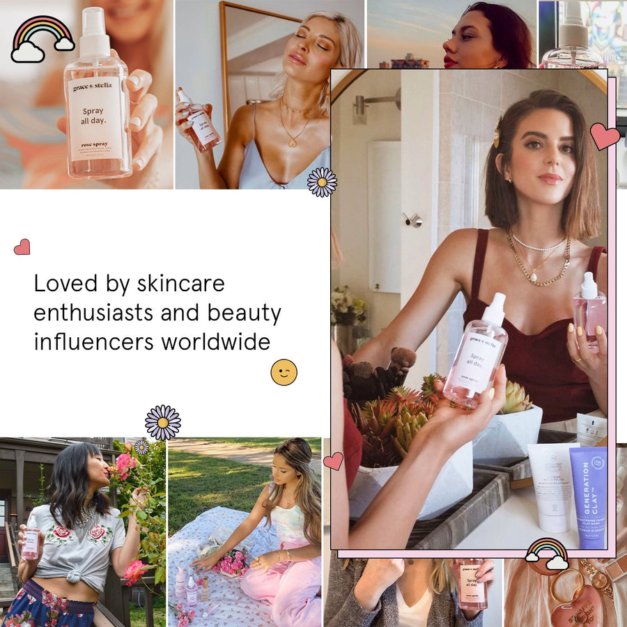 A collage showcasing various individuals endorsing an anti-inflammatory Grace & Stella rose spray, illustrating its popularity with beauty influencers.