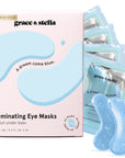 Packaging and product view of grace & stella blue eye masks, enriched with niacinamide and hyaluronic acid, for reducing the appearance of dull under-eyes.