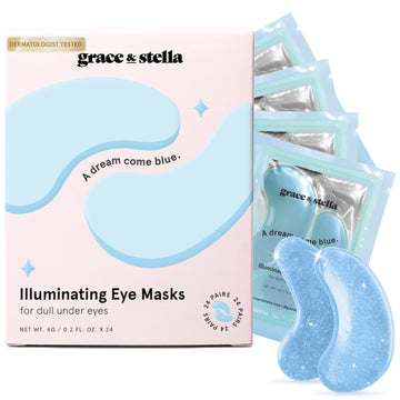 Packaging and product view of grace & stella blue eye masks, enriched with niacinamide and hyaluronic acid, for reducing the appearance of dull under-eyes.