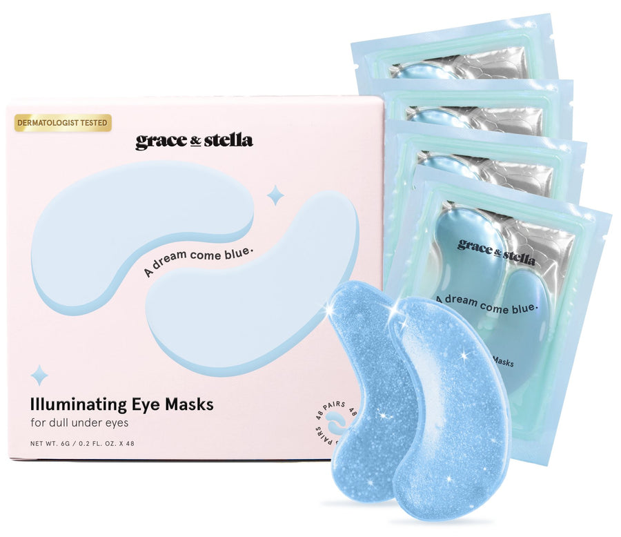 Hyaluronic acid-infused illuminating blue eye masks from grace & stella with packaging and individual sachets.