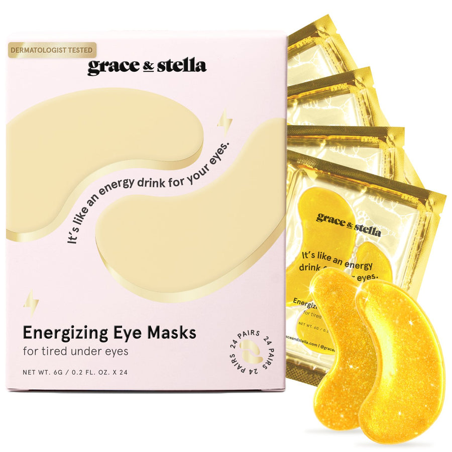Packaging and sachets of grace & stella's energy drink eye masks designed to rejuvenate tired under eyes and diminish dark circles.