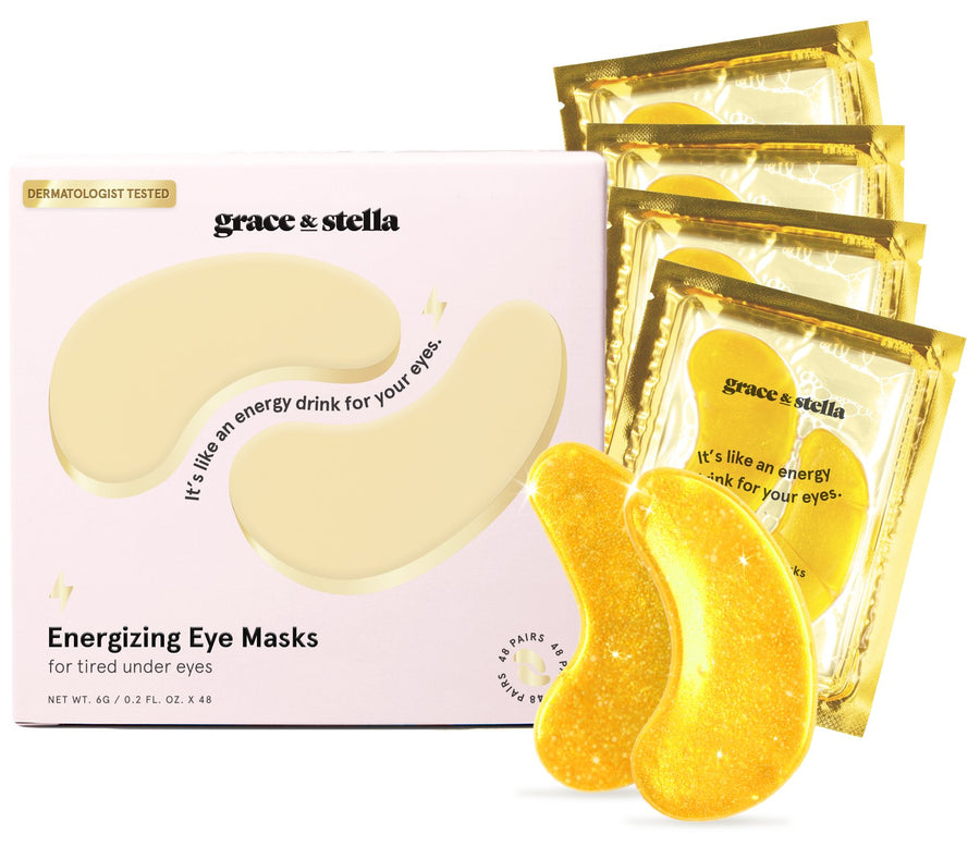 Product display of Grace & Stella energy drink eye masks with packaging, designed for dark circles and hydration.