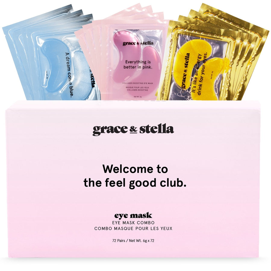 A collection of grace & stella Every Eye Mask Bundle targeting wrinkles and dark spots, in various colors packaged in a pink box with the text "welcome to the feel good club.