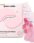 A set of grace & stella pink eye masks for hydrating dry under-eye skin, displayed with packaging.