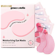 A set of grace & stella pink eye masks for hydrating dry under-eye skin, displayed with packaging.