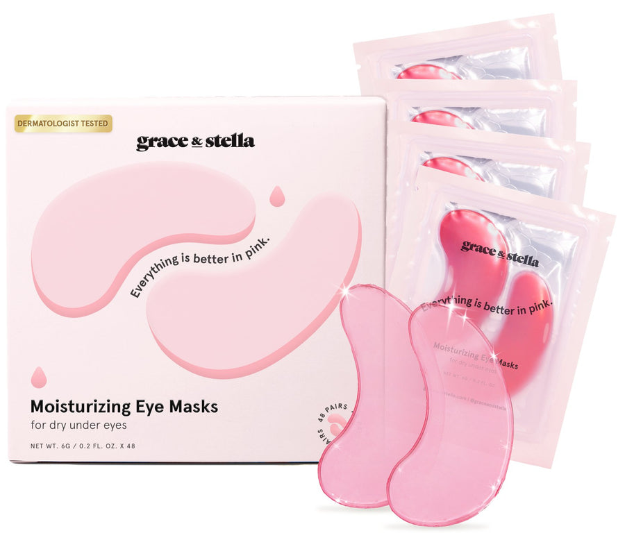 Packaging and packets of moisturizing pink eye masks for dry undereyes by Grace & Stella.