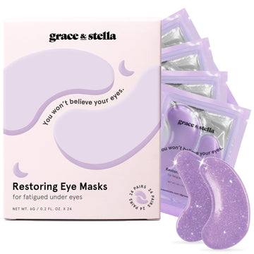 Grace & Stella purple eye masks with packaging and individual sachets displayed, targeting dark circles.