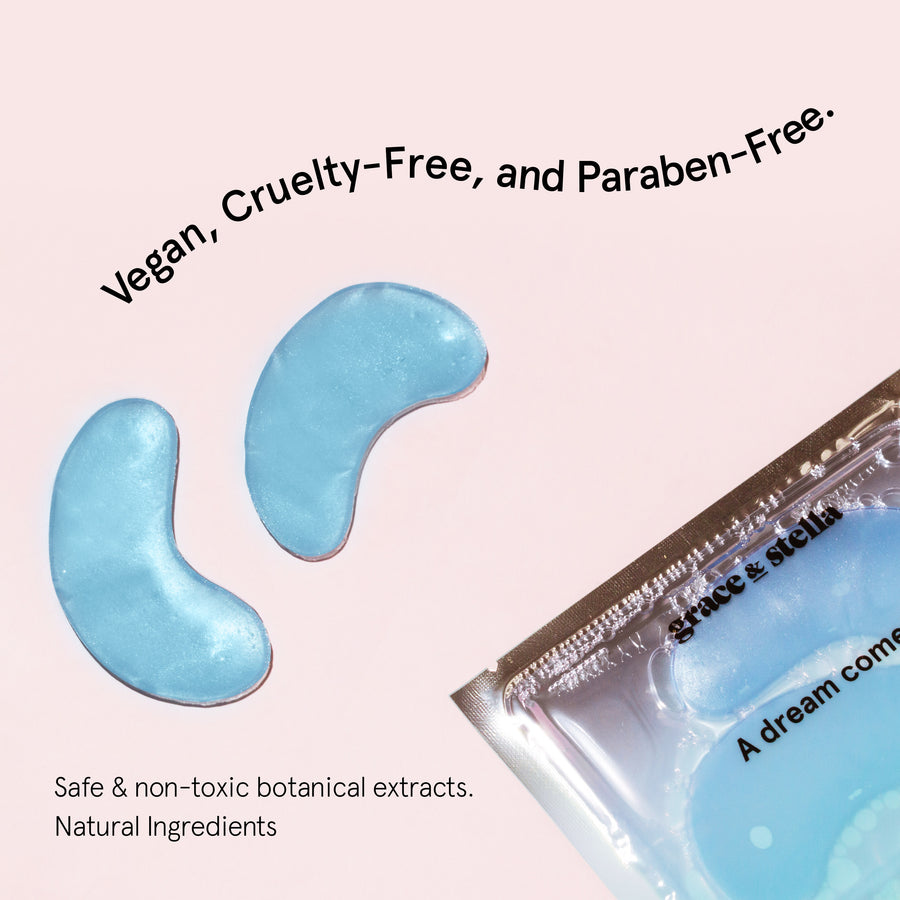 Hydrate your under eyes with these grace & stella vegan and cruelty-free blue eye masks, made without parabens.