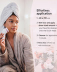 A woman in a towel is using a grace & stella 3-in-1 spin brush for skincare.