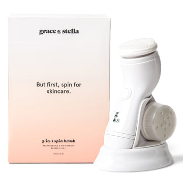 A 3-in-1 spin brush for skincare by grace & stella, positioned next to its packaging.