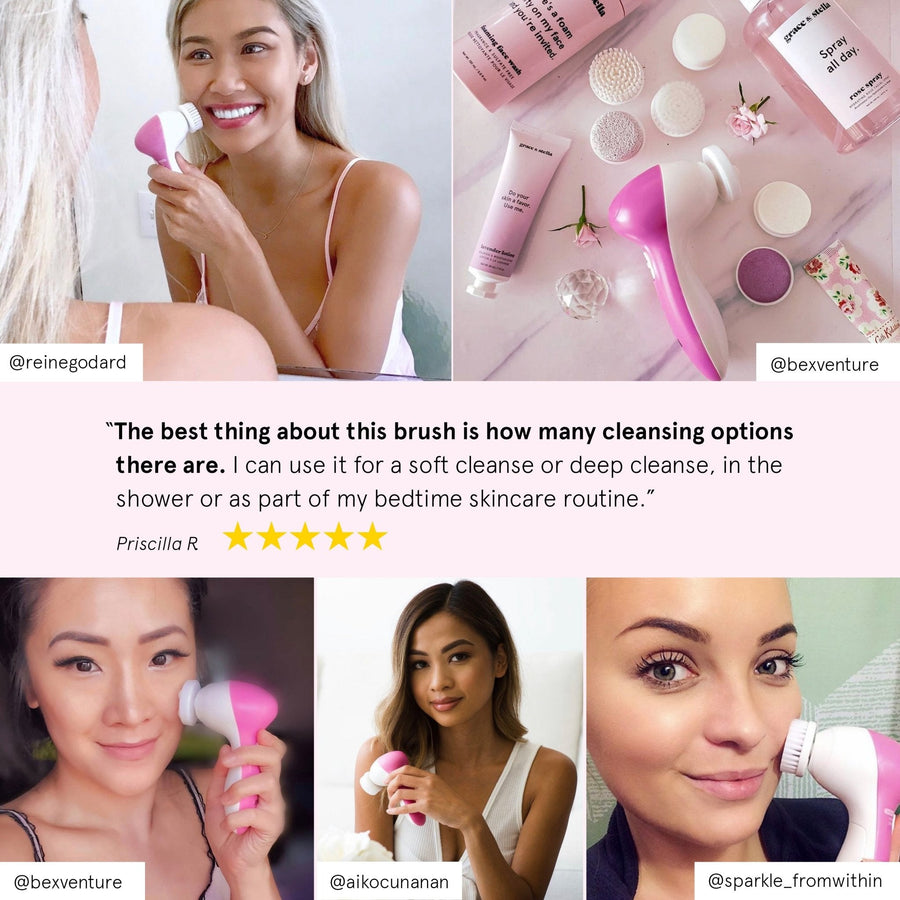 A collage of four women showcasing their grace & stella 7-in-1 spin brushes and facial massagers along with customer testimonials and a variety of skincare products.