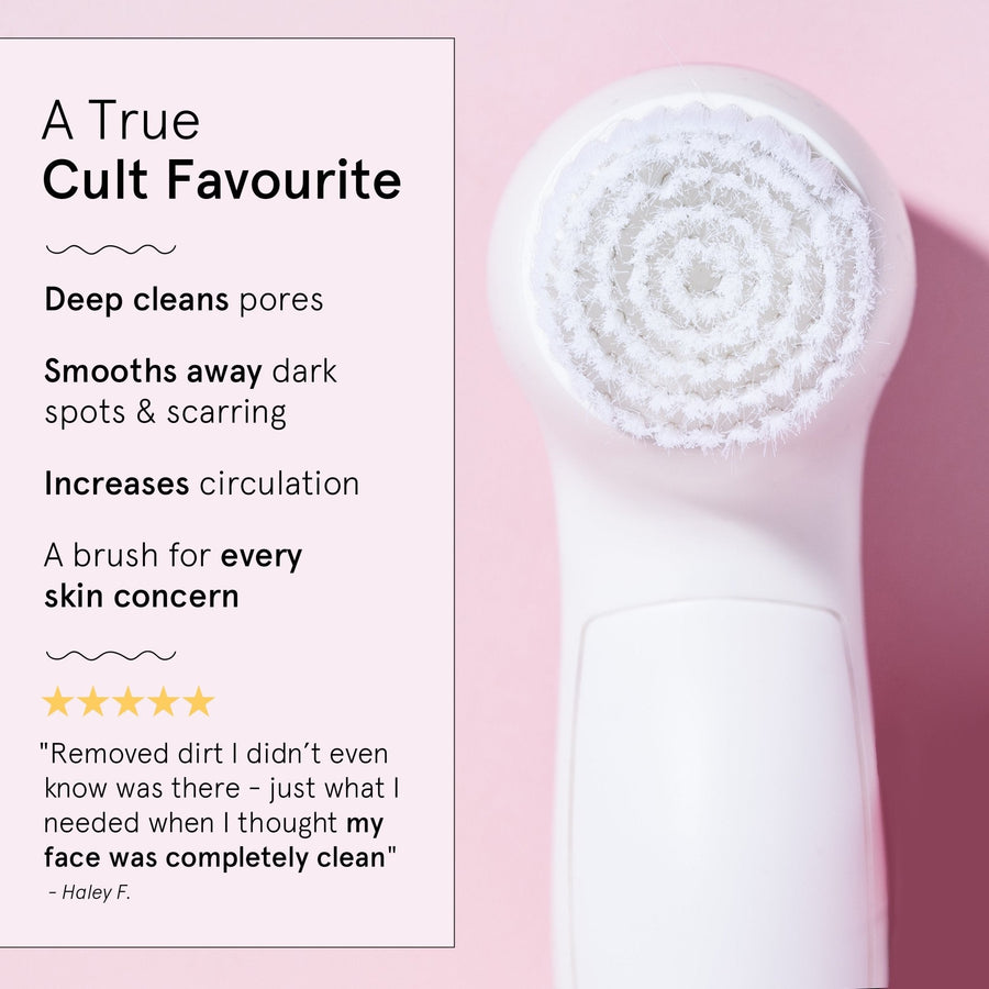 Facial Spin Brush advertisement featuring grace & stella's 7-in-1 spin brush benefits and customer testimonial on a pink background.