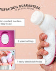 A person is holding a pink 7-in-1 spin brush from grace & stella with instructions on how to use it.