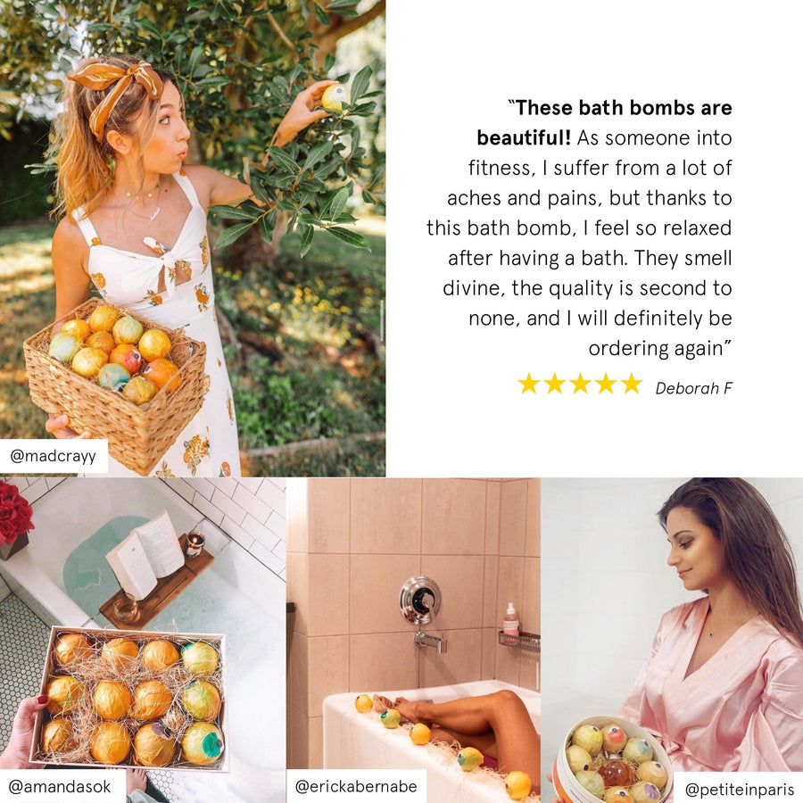 A collage of four images showcasing different people engaging in self-care activities: picking fruits, enjoying a spa-quality bath with grace & stella bath bombs, and using beauty products.