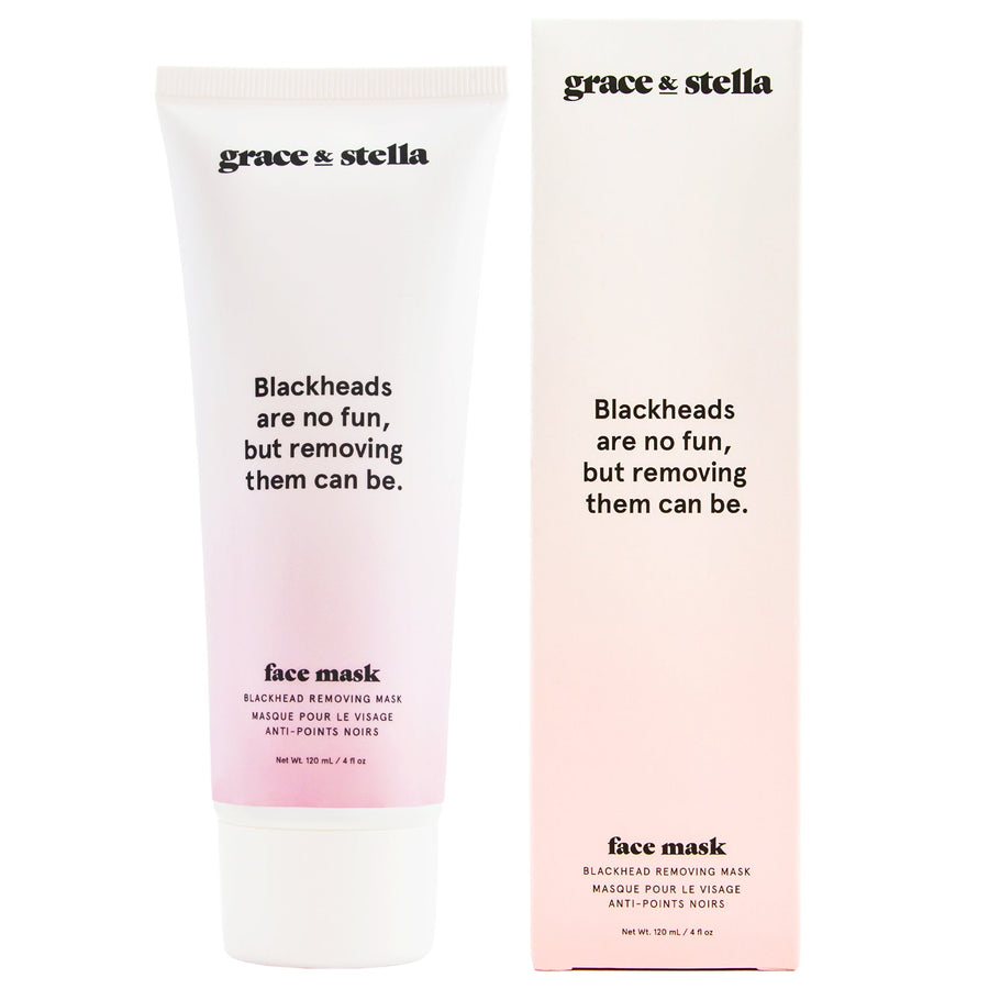 A blackhead removal peel-off mask by grace & stella, aimed at removing blackheads and presented in a tube and its packaging, features activated charcoal.