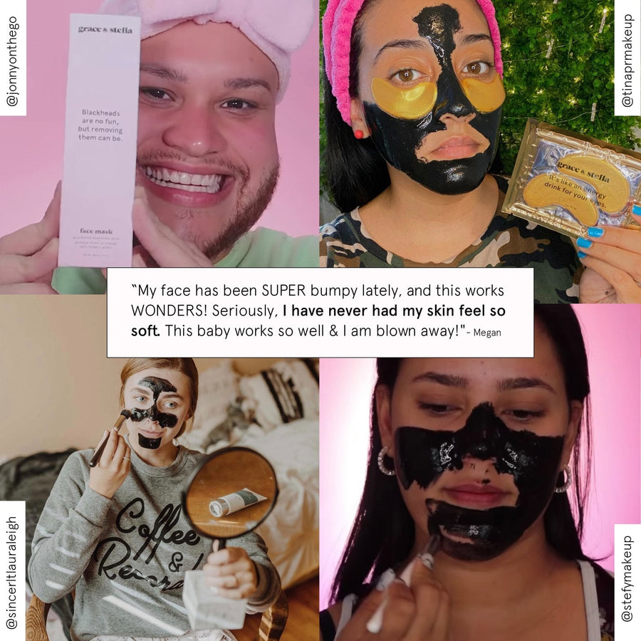 Collage of diverse individuals sharing positive experiences with a grace & stella blackhead removal peel-off mask.