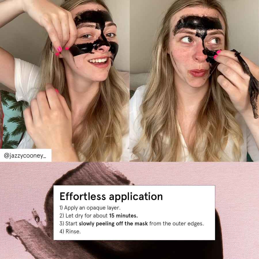 A woman demonstrates the application process of a grace & stella blackhead removal peel-off mask with step-by-step instructions, aimed at removing blackheads.