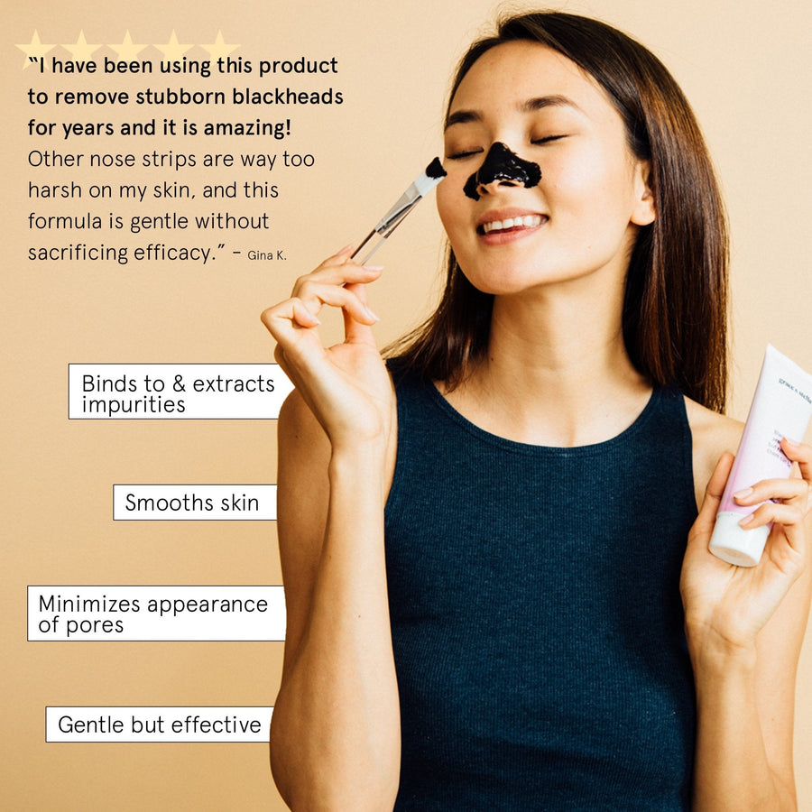 Woman applying a grace & stella blackhead removal peel-off mask for skincare, holding a tube of activated charcoal product, with positive testimonials and benefits listed.