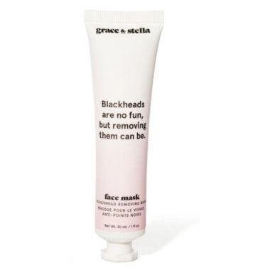 Tube of grace & stella blackhead removal peel off mask with the phrase "blackheads are no fun, but removing them can be.