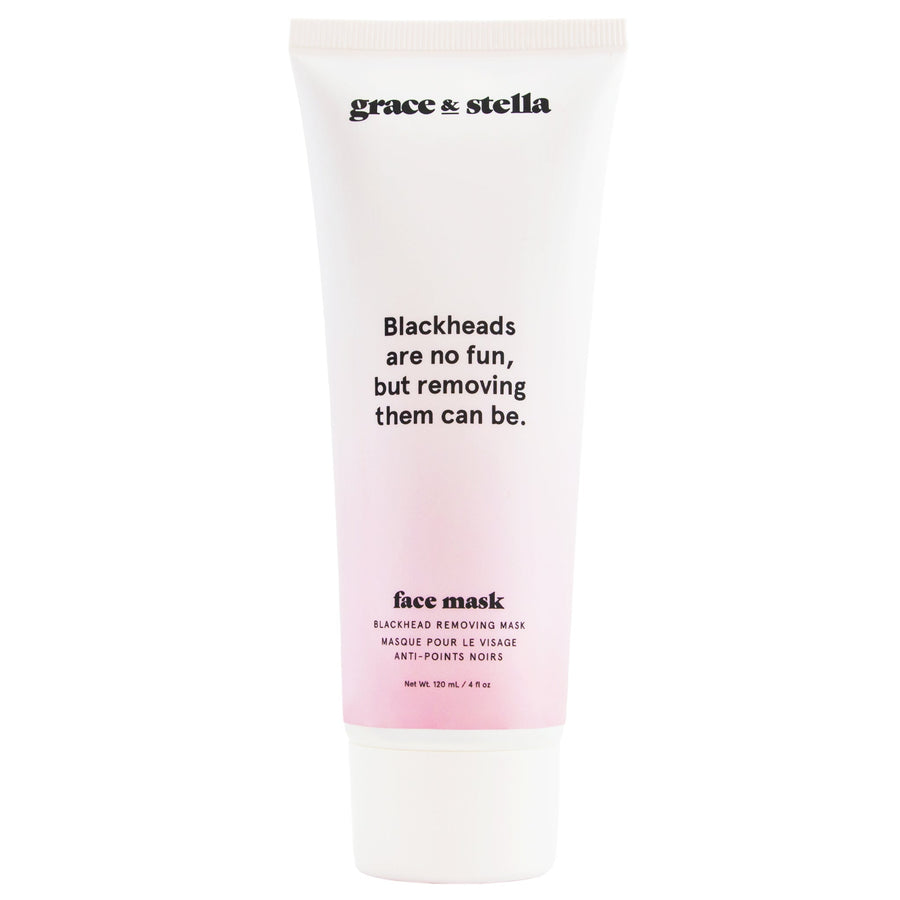 Tube of grace & stella blackhead removal peel-off mask with the slogan "blackheads are no fun, but removing them can be.