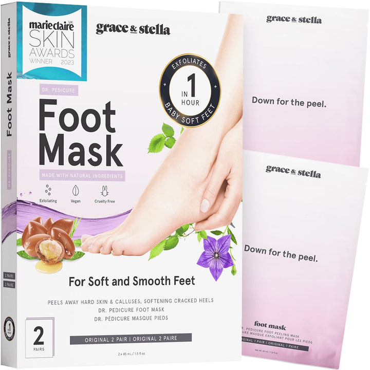 dr. pedicure foot peeling mask product packaging by grace & stella highlighting natural ingredients, with an image of a foot and claims of softer feet in one hour.