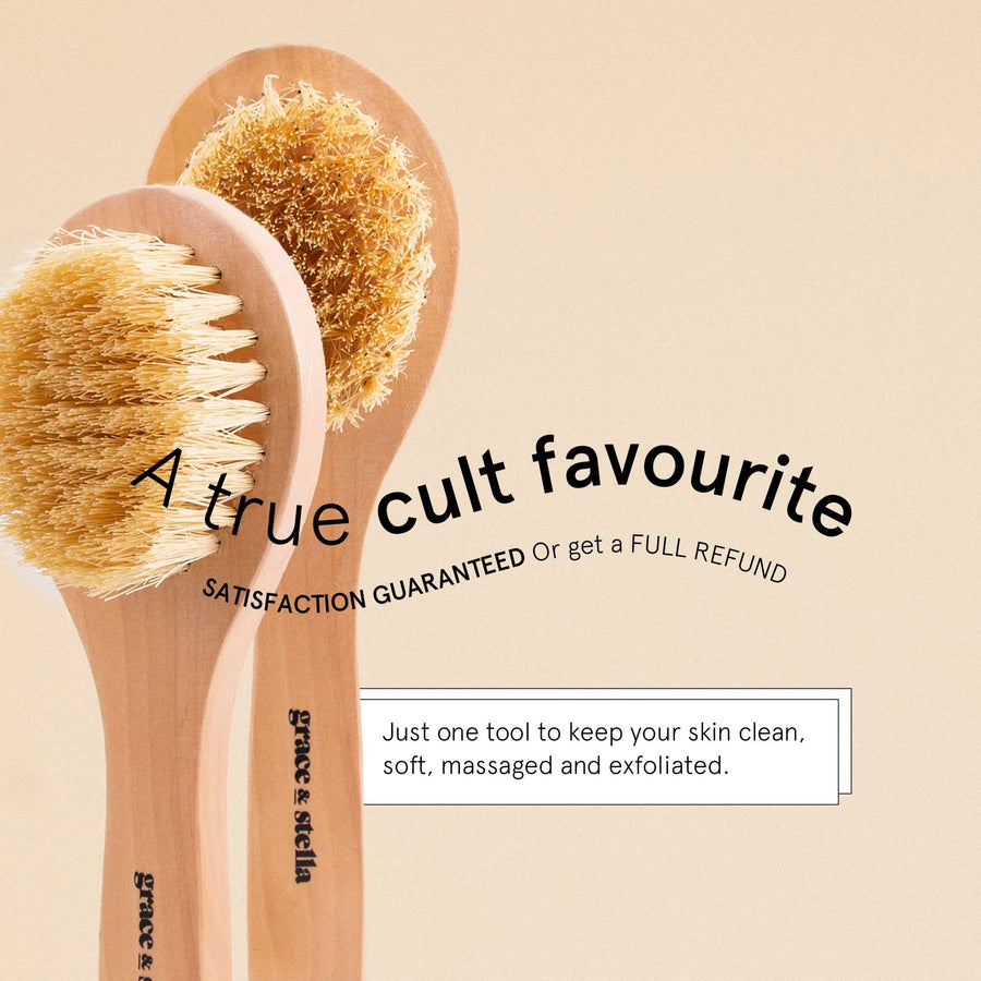 A true cult favourite for skin exfoliation is the dry brush free gift from grace & stella.